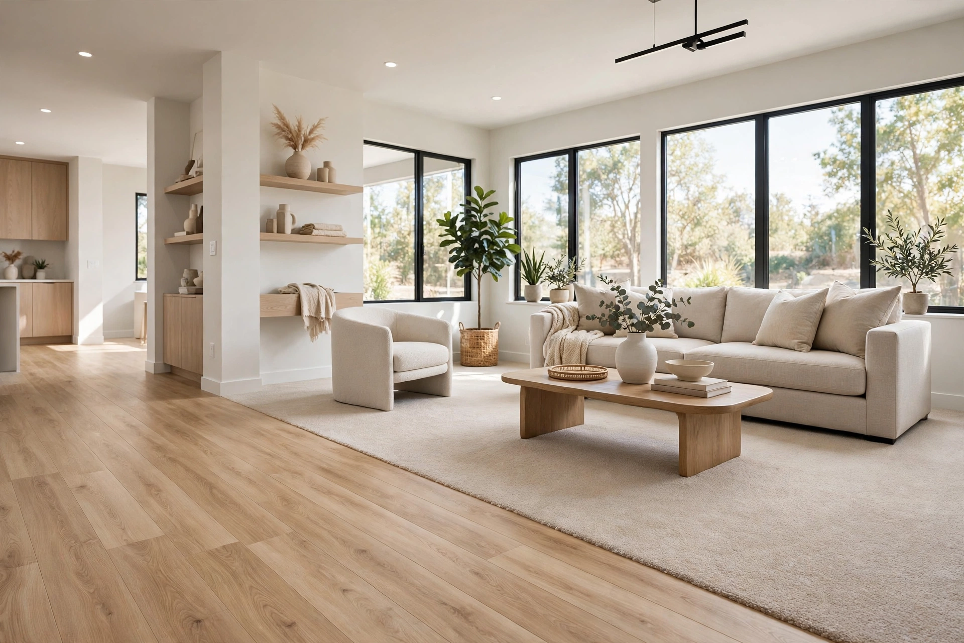 Bright living room with wood-look plank flooring and a carpeted sitting area